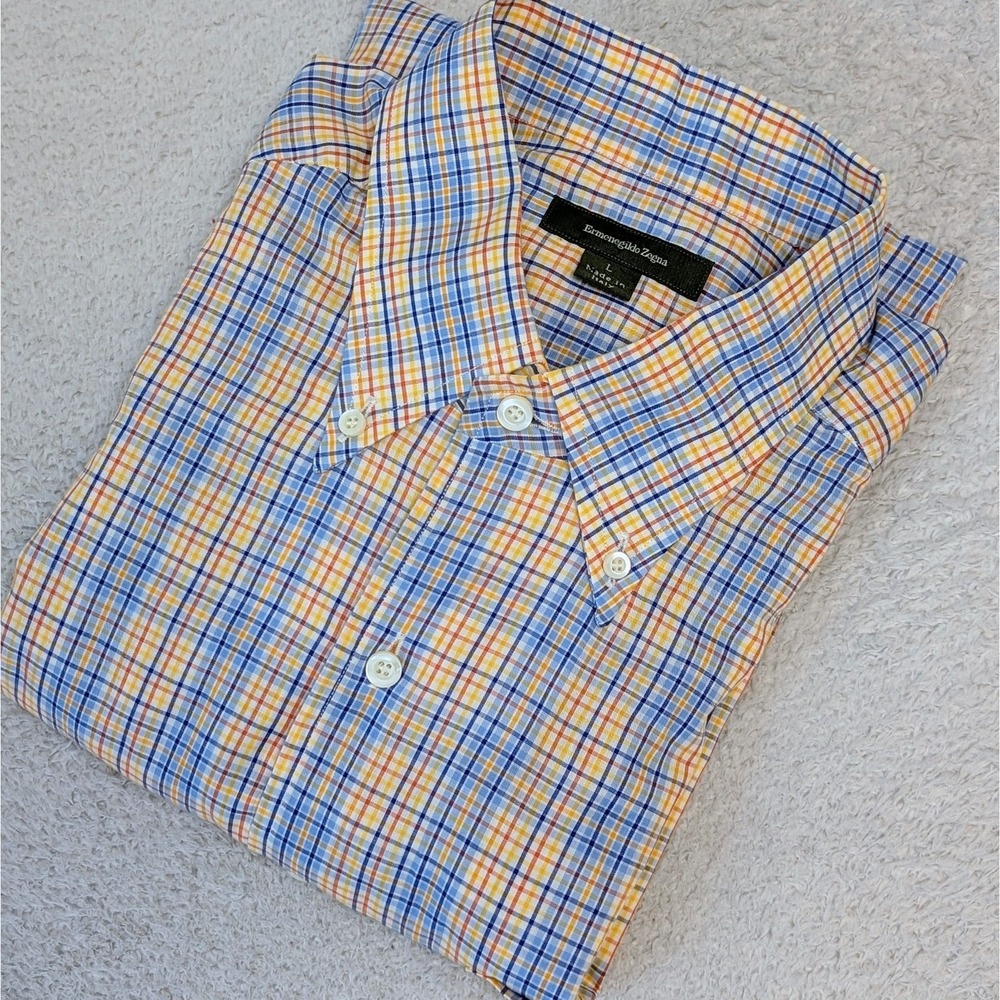 Ermenegildo‎ Zegna Button Up Shirt Men's Large Cotton Multicolor Plaid Italy